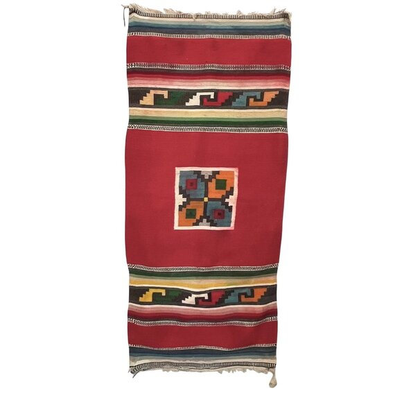 Vintage Navajo Mexican Southwest Wool Hand Woven Blanket Rug 24 x 55 + Fringe - Picture 1 of 11